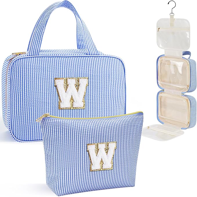 YOOLIFE Hanging Toiletry Bag for Women - Travel Toiletry Bag Makeup Bag, Portable Toiletries Cosmetic Bag, Airplane Travel Essentials - Letter W, Blue