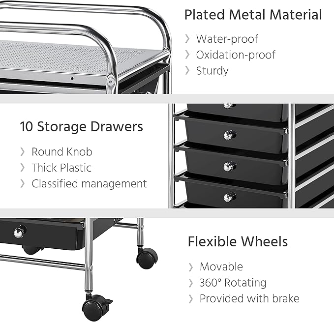 Yaheetech Rolling Cart Organizer Plastic Trolley with 10 Storage Drawers Utility Cart on Wheels Art Craft Organizer Ample Storage Space, Black