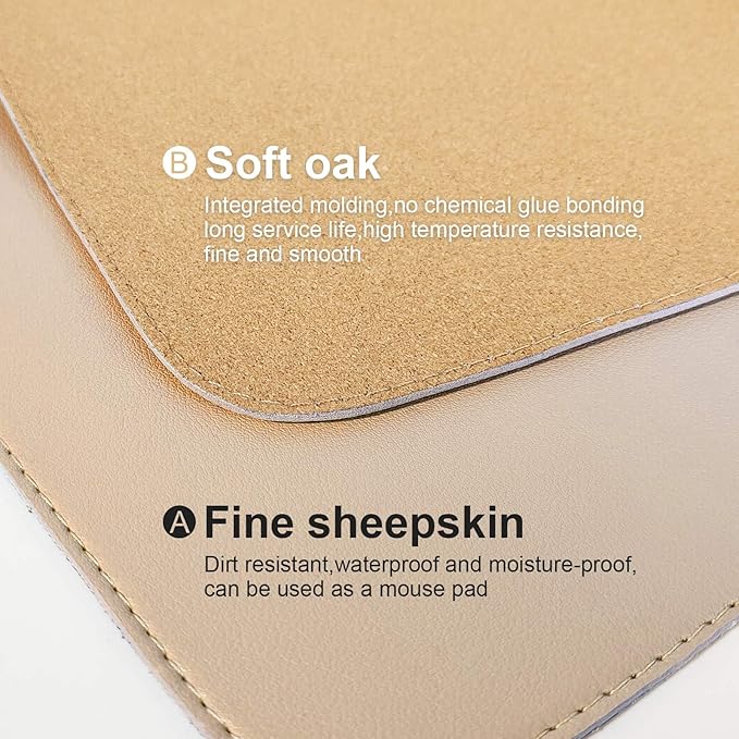 DAWNTREES Dual Sided Desk Mat,Khaki Leather Desk Pad,47.2''x23.6'',Cork Desk Mat Protector,120x60cm Extra Large Mouse Pad,with PU Leather Valet Tray Organizer,Desk Writing Pad for Office and Home