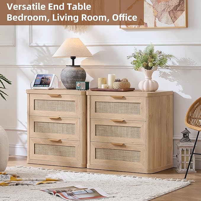 LEYAOYAO Rattan Night Stand Set of 2 with Charger Station, 23" Large 3 Drawer Boho Nightstand, Natural Wood Bedside Table Storage Cabinet, Bed Side End Tables for Bedroom, Living Room, Hallway