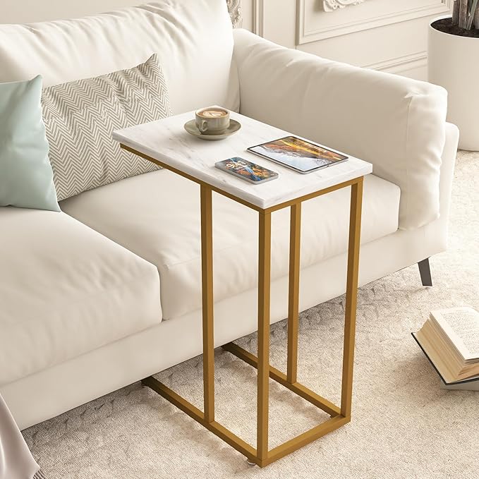 VECELO C Shaped End Side Table for Sofa Couch and Bed Snack TV Tray for Living Room Bedroom, 2 PCS, Gold