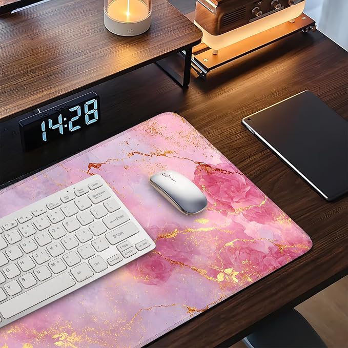 Elegant Pink Rose and Gold Marble Mouse Pad –35.43" x 15.75" Extended Desk Mat with Abstract Floral Design – Luxurious Non-Slip Surface for Office & Home Decor