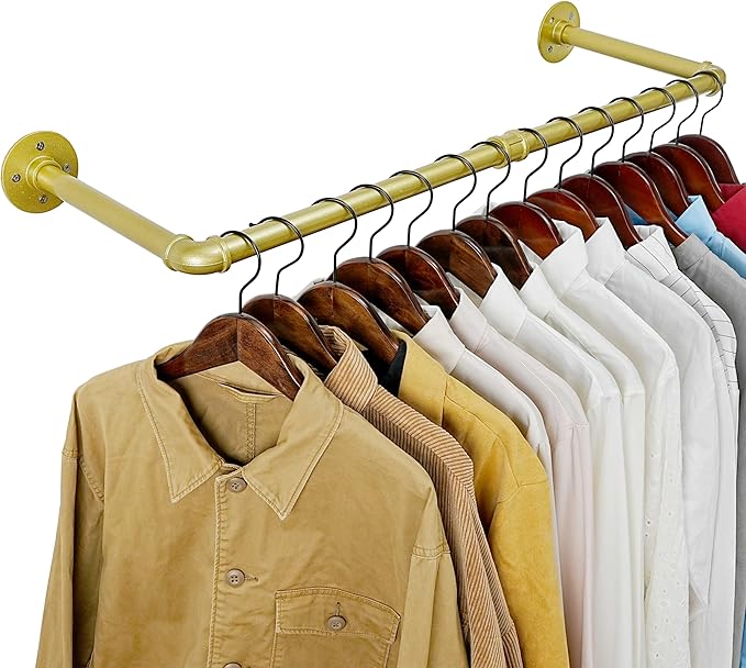 WEBI Industrial Pipe Clothing Rack,32" Wall Mounted Clothes Rack for Hanging Clothes,Heavy Duty Metal Garment Rack Bar Wall Mount Clothing Rod for Closet,Laundry Room,Gold