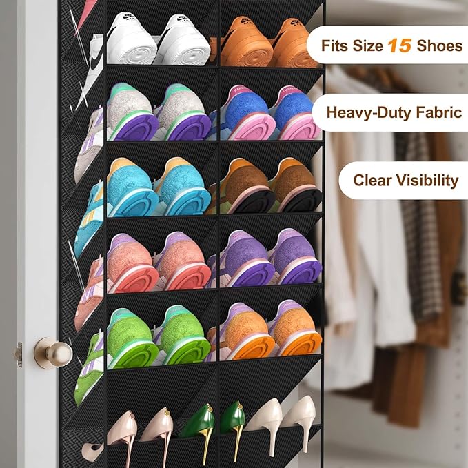 30 Pairs Over the Door Shoe Organizer, Clear Pockets Hanging Shoe Storage for Closet, 10-Tier Door Shoes Rack Storage, Handing Shoes Holder Fit All the Family's Sneakers, Boots, Heels, Black