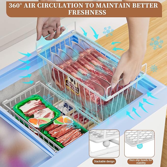 Enhanced Leak-Proof Bottom - Freezer Organizer Bins ，5 Pack Stackable Deep Freezer Organizer Bins for 7 Cu.FT Small Chest Freezer，Easy Get Bottom Foods without Digging