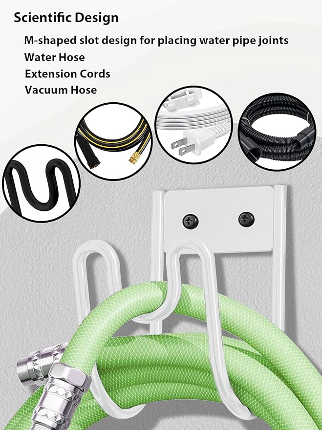 Metal Garden Hose Holder, Sturdy Wall Mounted Water Hose Hanger, Solid Hose Hook for Garden Garage Water Hose/Extension Cords/Vacuum Lines (White)