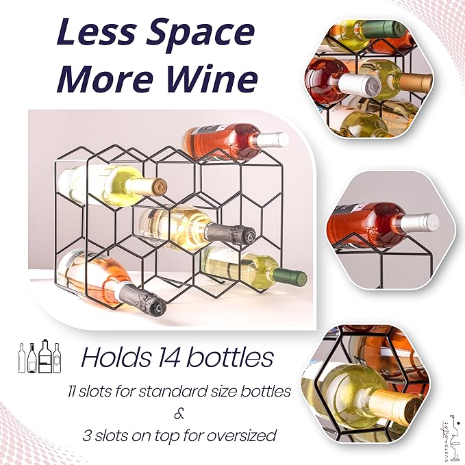 Gusto Nostro Countertop Wine Rack - 14 Bottle Freestanding Modern Black Metal Small - 3 Tier Tabletop Wine Holder Stand for Cabinet, Pantry - Wine Racks Countertop - No Assembly Required