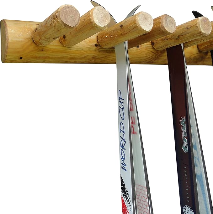 6-Place Log Ski Rack Wall Mount, Indoor Ski Storage Rack for Garage Organizers, Wooden Skis Wall Mount Storage Racks, Pole Skis Sports Racks, Garage Organization Walls - Natural