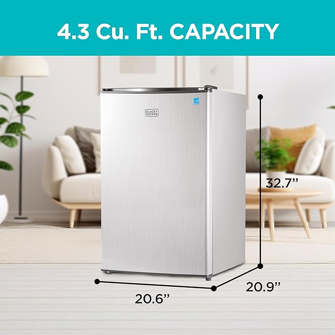 BLACK+DECKER 4.3 Cu. Ft. Compact Refrigerator, ENERGY STAR Certified, Single Door Mini Fridge with Chiller Compartment, Personal Fridge for Home or Dorm Room, BCRK43V, Stainless Look