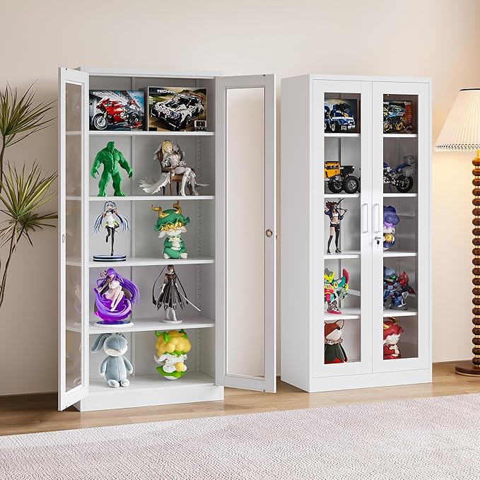 Metal Storage Cabinet with Lock and Glass Doors,Glass Display Cabinet,67" Tall White Storage Cabinets,Locking Curio Cabinets with 5 Shelves for Collectibles,Home,Office,Living Room