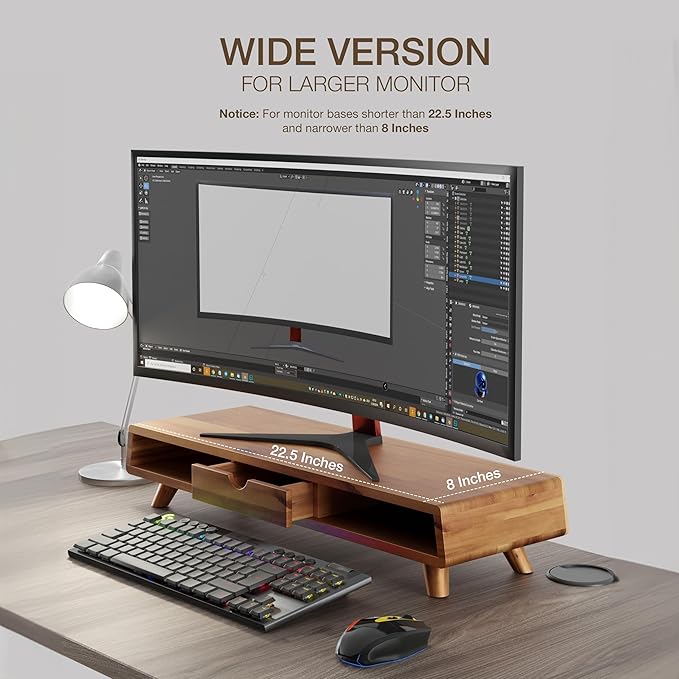 TINAMO Acacia Wood Monitor Stand with Drawer - Wooden Monitor Riser for Desk - Computer Monitor Stand for Desk - Multi-Purpose Desktop Storage Stand for Computer; Laptop; Printer; TV - 24.4 " x 8" x 5" (Patent Pending) (Acacia, 24.4 " x 8" x 5")