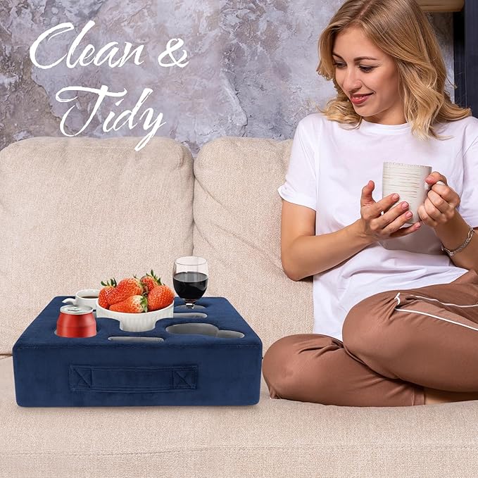 Couch Cup Holder-Sofa Cup Holder Pillow Tray Caddy Cupholder for Bed, Rv, Tv, Car, Man Cave, Backseat for Remote, Drinks, Snacks (Square-NavyBlue)