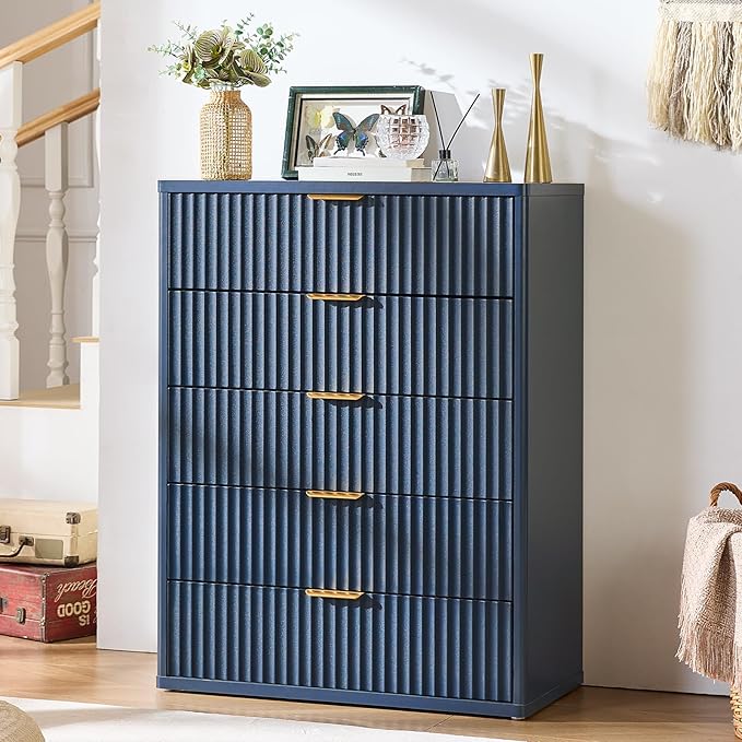 LEYAOYAO Fluted 5 Drawers Dresser for Bedroom Set of 2, 41" Tall Modern Chest of Drawers with Metal Handle, Curved Profile Design,Blue Wood Drawer Organizer for Bedroom, Living Room, Hallway