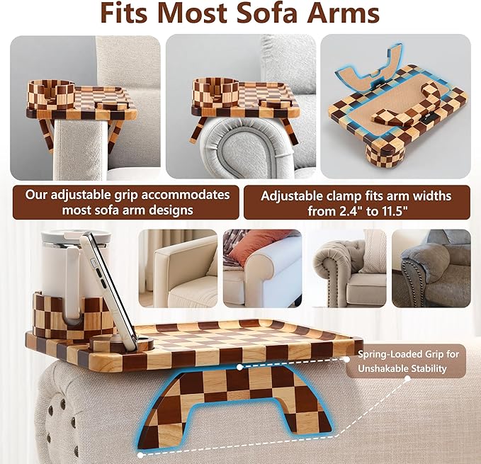Couch Arm Table, Checkered Carbonized Rubber Wood Sofa Armrest Tray, 3-in-1 Clip-on Large Couch Cup Holder Tray with 360° Rotating Cup Holder & Phone Stand for Drinks, Snacks & Remote