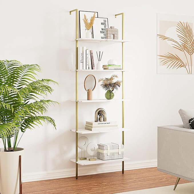 5 Tiers Ladder Shelf White Marble Modern Bookshelf Open Tall Wall Mount Bookcase Standing Leaning Wall Shelves Industrial Decorative