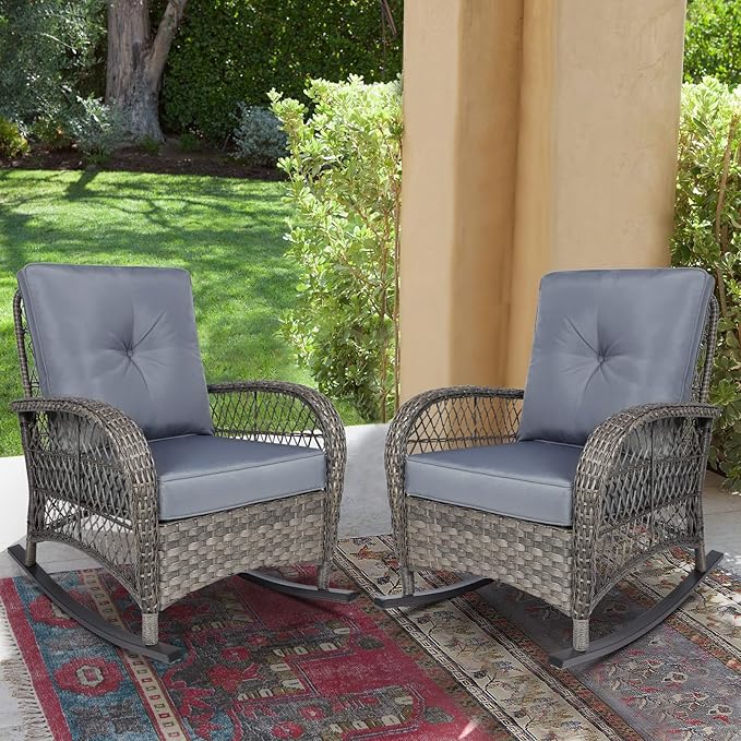 VIVIJASON 2 Piece Patio Wicker Rattan Rocker Chair, Outdoor Rattan Rocker Chair with Cushions & Steel Frame, All-Weather Rocking Lawn Wicker Furniture for Garden Backyard Porch (Grey)
