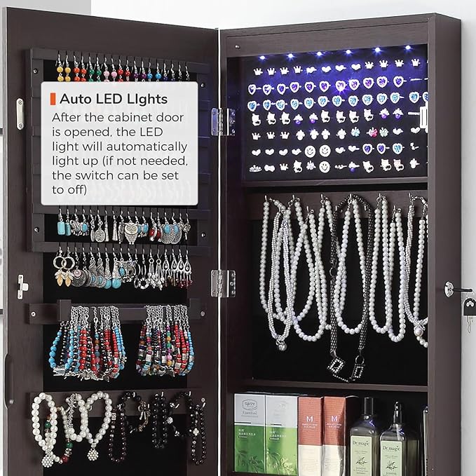 GISSAR Full Length Mirror Jewelry Cabinet, 6 LEDs Jewelry Armoire Wall Mounted Over The Door Hanging, Jewelry Organizer Storage with Lights Lockable, Brown, 14.6" x 47.2"