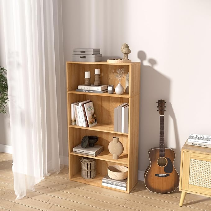 Wooden 4 Cube Storage Organizer,4 Tier Low Bookcase Storage Display Organizer, 44 Inch Versatile Cubes Shelf and Cubby Unit for Any Space (Oak, 4 Cube-W(23.6inch)