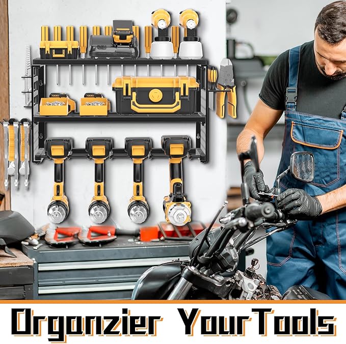 Power Tool Organizer Wall Mount, 150Lbs Load 3 Layer Heavy Duty Metal Tool Shelf with 4 Drill Holders, Garage Workshop Storage for Cordless Tools Batteries Screwdrivers(Black A)