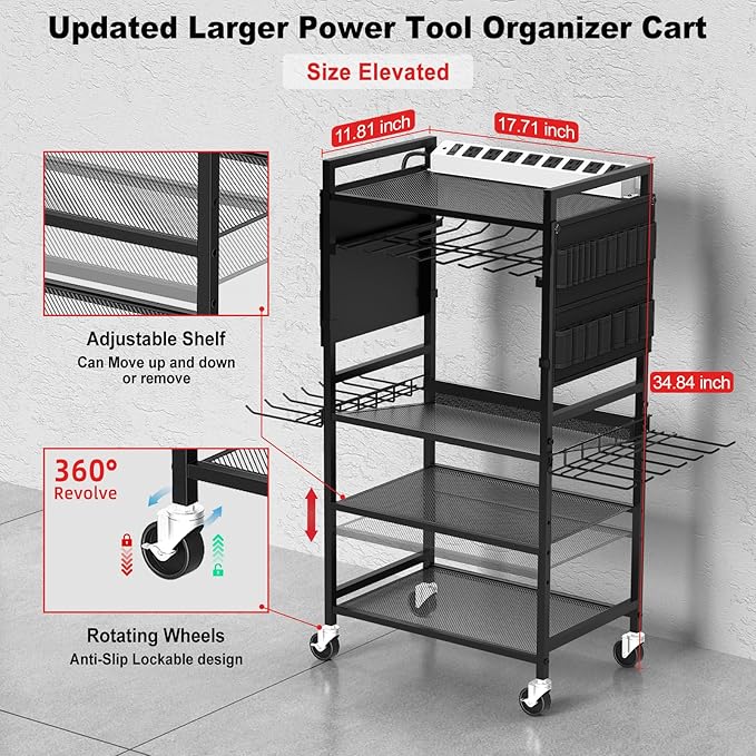 JUNNUJ Garage Large Power Tool Organizer Cart with 20A Charing Station, Heavy Duty Drill and Tools Battery Holder Storage Rack, Floor Standing Rolling Tool Cart on Wheels, Black
