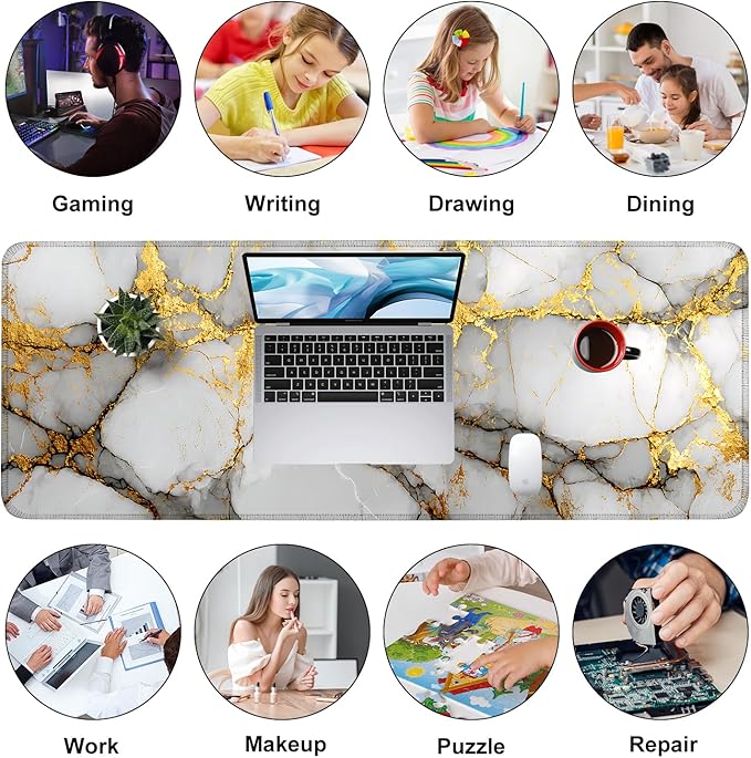 White Marble Mouse Pad – Large Extended Desk Mat 31.5 x 11.8 in– Elegant Gold Vein Design, Non-Slip Rubber Base, Waterproof Surface, Keyboard & Mouse Pad for Office, Gaming, Home Decor