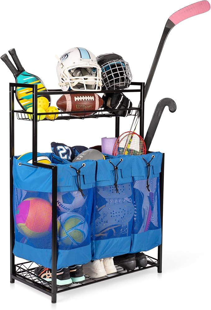 KASSELL Garage Sports Organizer Storage rack for sports equipment Ball, Heavy Duty Toy and Gear Storage Organizer with Grab and go bags (Blue)