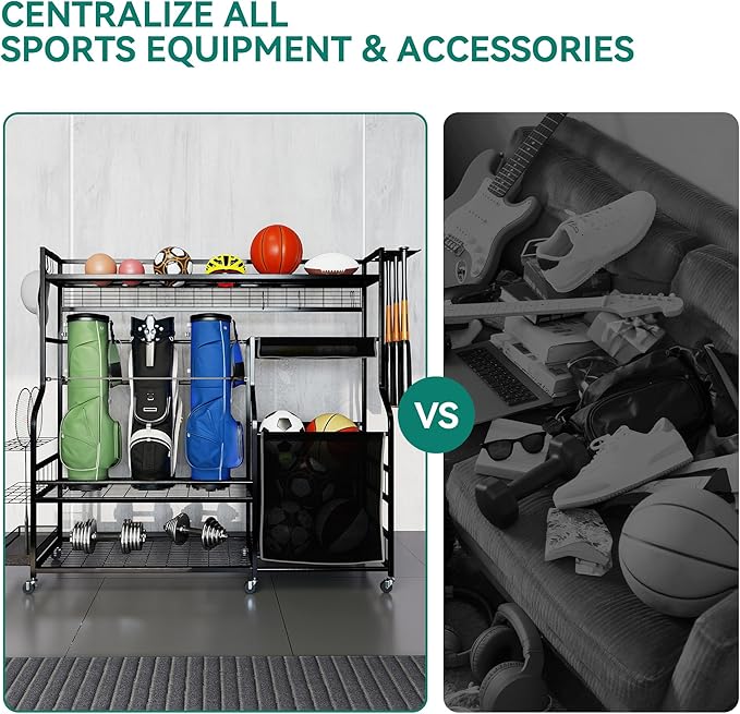 YITAHOME Multi-Functional Sports Organizer for Garage, Golf Gear Storage Rack for 3 Bags and Clubs, Ball Storage Bins with Wheels, Multi-Layer Sports Equipment Rack with Hooks