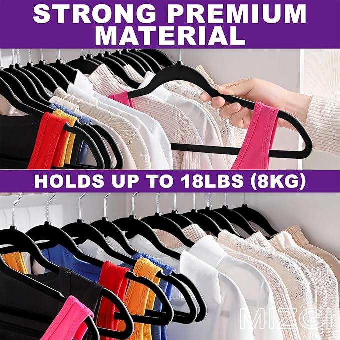 Hangers 50 Pack - Non-Velvet Black Plastic Hangers for Clothes -Heavy Duty Slim Coat Hanger -Space-Saving Closet Hangers with Chrome Hook,Non-Flocked Hangers for Dresses Coats Shirts Jackets