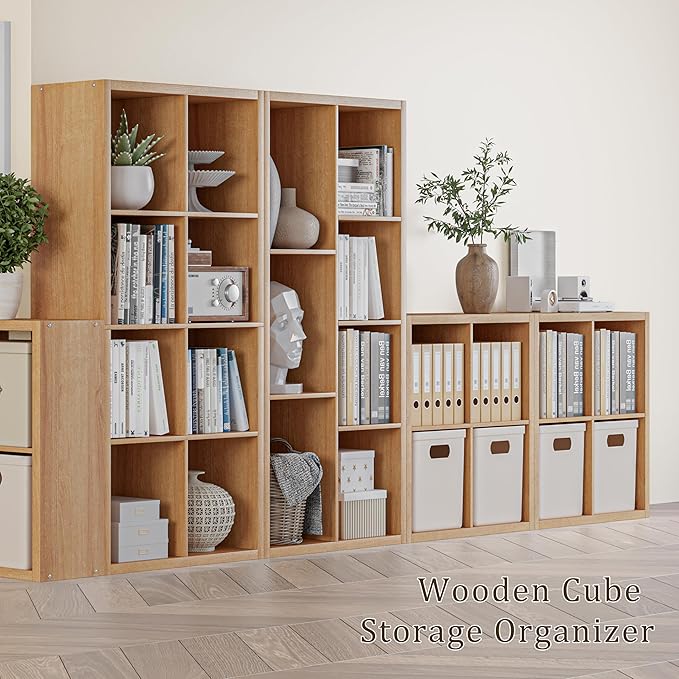 Cube Storage Organizer Bookcase, Decorative 11 inch Open Back Cubical Shelf with Thickened Border, Display Bookshelf for Living Room, Home Office, Sturdy Room (Natural Oak, 7 Cube)