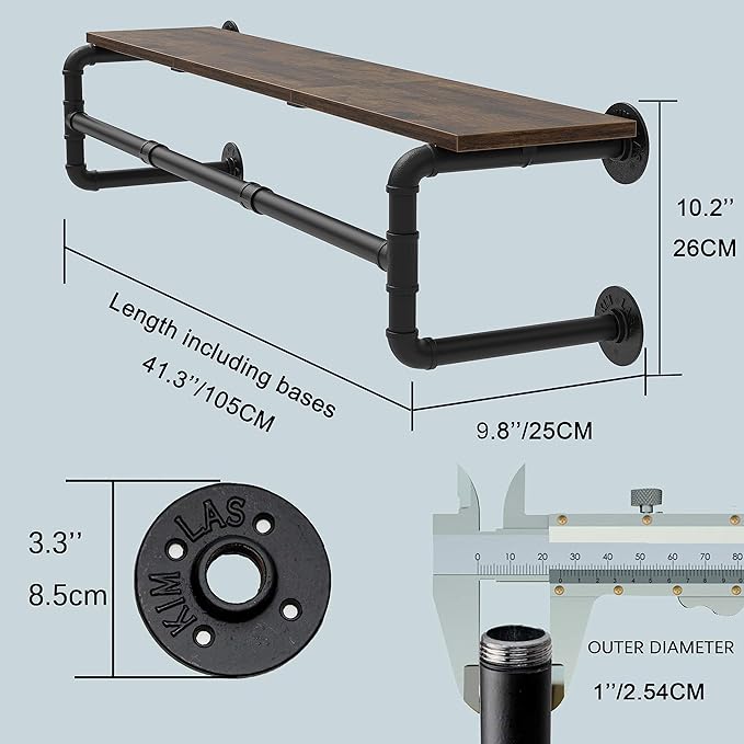 Industrial Pipe Clothes Rack with Top Shelf and 3 Hooks, 41''L Wall Mounted Garment Rack, Heavy Duty Iron Garment Bar, Clothes Hanging Rod Bar, 4 Base Max Load 135Lb Black