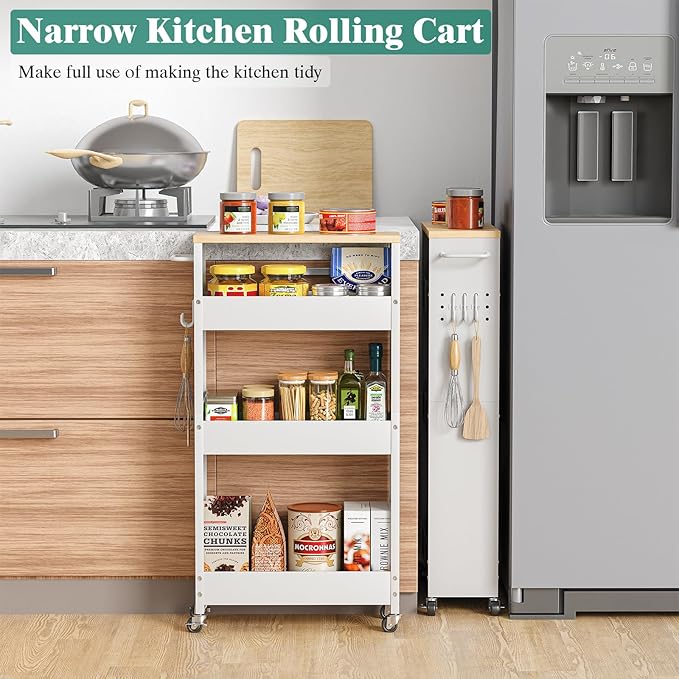 Slim Storage Cart, 4-Tier Kitchen Rolling Cart Narrow Storage Cabinet with Handle & Wheels, Metal Rolling Shelf Unit for Kitchen Bathroom Laundry Small Places (5.9IN White/Natural)
