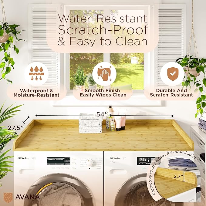 Avana (100% Natural Solid Wood Washer Dryer Countertop – Bamboo Pine Laundry Countertop with Raised Edges, 54” x 27.5” Counter Top for Washer and Dryer, Laundry Room Organizer & Tabletop