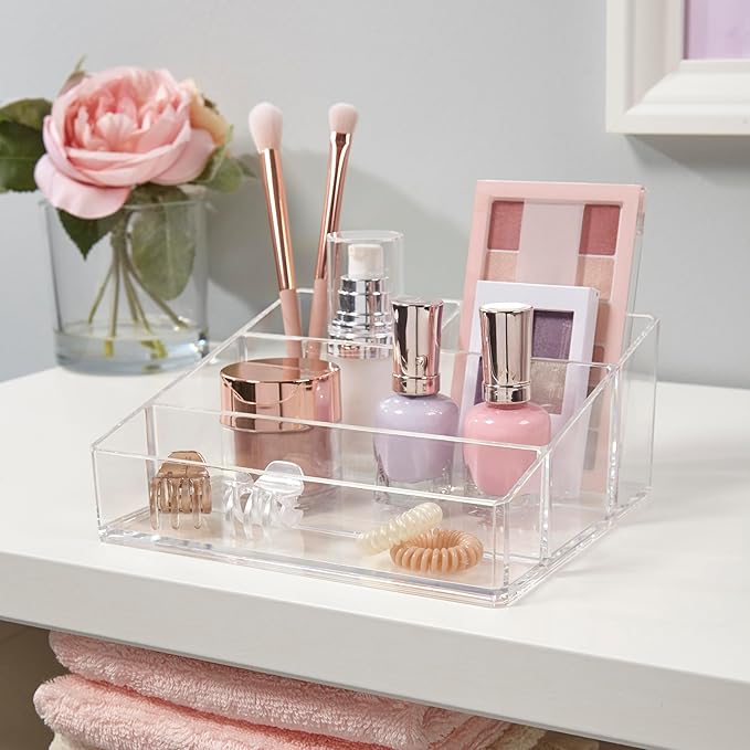STORi Clear Plastic Small Countertop Vanity Makeup Organizer, Compact Rectangular 4-Compartment Holder for Brushes, Eyeshadow Palettes, & Beauty Supplies, Made in USA (Pack of 2)
