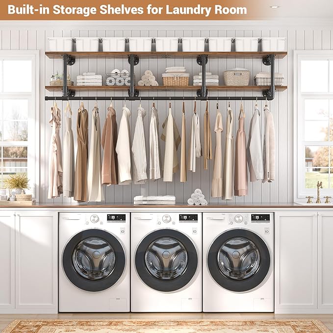 Aheaplus Industrial Pipe Clothes Rack with Top Shelf, 59In Space-Saving Wall Mounted Clothing Rack, 2 Tiers Heavy Duty Pipe Clothing Shelves with Hanging Rod for Laundry Room, Closet, Rustic Brown