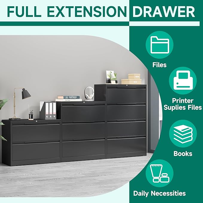Filing Cabinet with Lock,Lateral File Cabinets 3 Drawer Metal Wide Filing Organization,Home Office School Furniture for Hanging Files Letter/Legal/F4/A4 Size,Black - Assembly Required