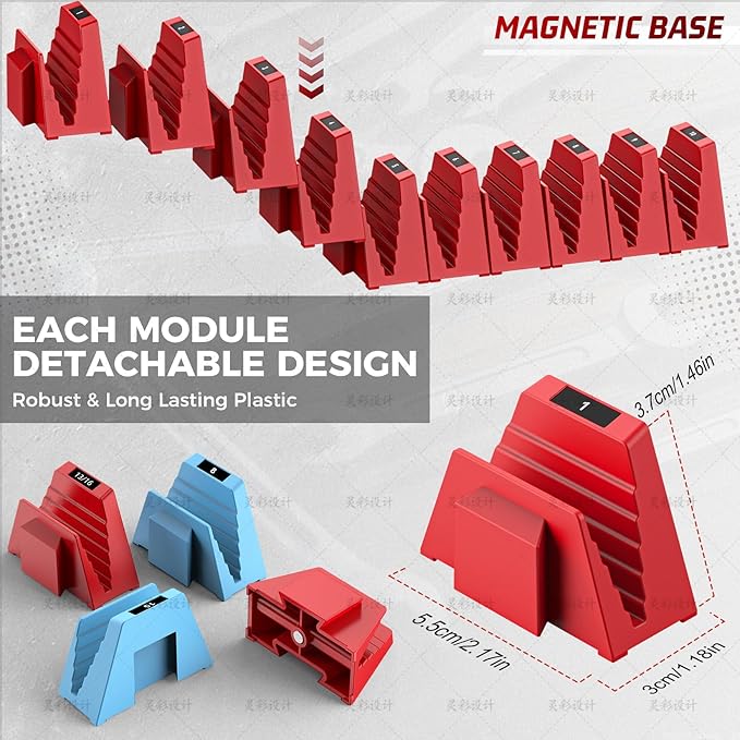 48PCS Magnetic Modular Wrench Organizers for Tool Drawers - Red & Blue - Wrench Rack with Metric & SAE Labels, Customizable Magnet Tool Storage Holder for Tool Box Organization