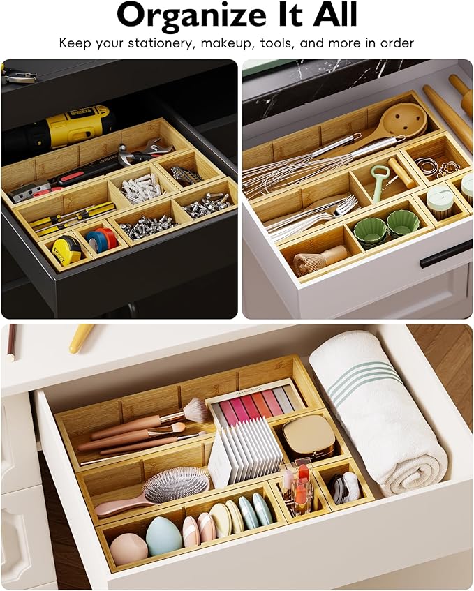 Desk Drawer Organizer Tray Set of 6 – Bamboo Office Storage Boxes with 12 Compartments for Office Supplies, Cosmetics, Jewelry and More