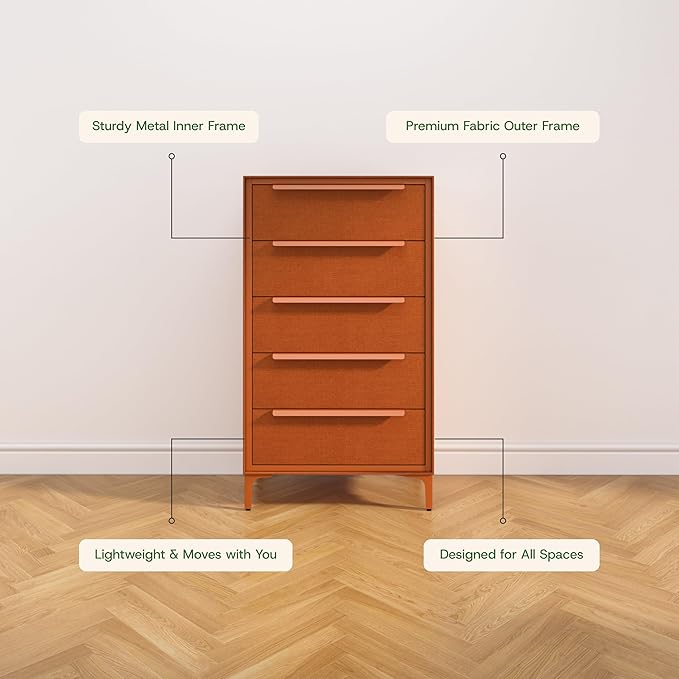 tinge Naima Premium Fabric Dresser - Strong Metal Frame, 5 Spacious Sag-Proof Drawers with Sleek Metal Handles - Premium & Durable Storage Solution for Your Home (Orange)