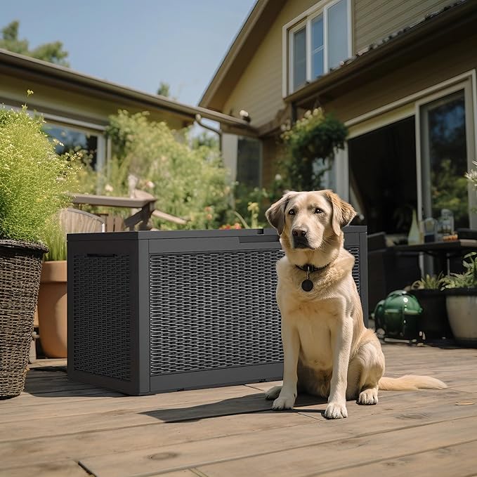 120 Gallon Outdoor Deck Box,Storage Lockable Waterproof Patio Furniture,Garden Tools,Cushions,Pool Accessories Outside Storage Resin Box(Black)