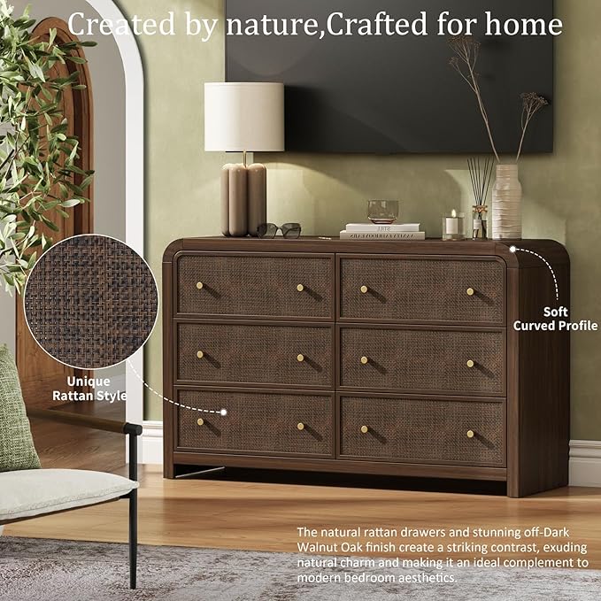 Oak&Sparrow 6 Drawer Dresser for Bedroom, 49'' Rattan Dresser with Ample Storage, Boho Chest of Drawers, Thickened Curved Profile Design, Dark Walnut Dressers for Bedroom, Living Room