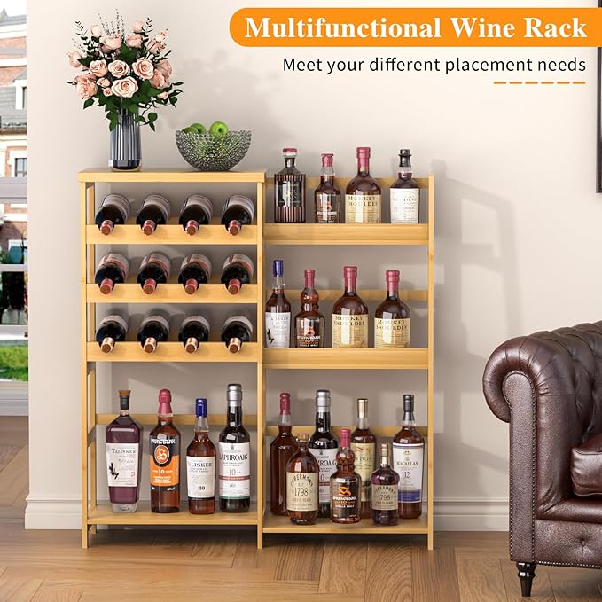 VASMIA Versatile Liquor Stand for Home Bar, Wine Rack Freestanding Floor, Mini Bar Table with Bamboo Trapezoidal Liquor Bottle Display Shelf Cabinet for Living Room, Natural