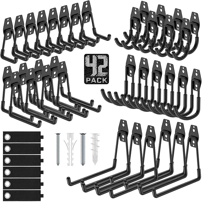 Garage Hooks with Anti-Slip Coating,Heavy Duty Wall Mount Storage Hooks for Hanging Bike,Hose,Ladder,Yard,Garden Tools (42 Pack Black)