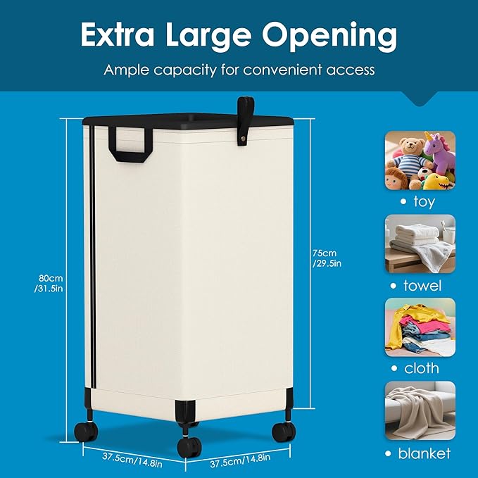 2Pcs Laundry Basket with Wheels 105L, Large Rolling Laundry Hamper with Removable Bag, Metal Frame Collapsible Dirty Clothes Bin, Cloth Organizer Hampers Pull Handle for Bathroom, Dorm, Bedroom White
