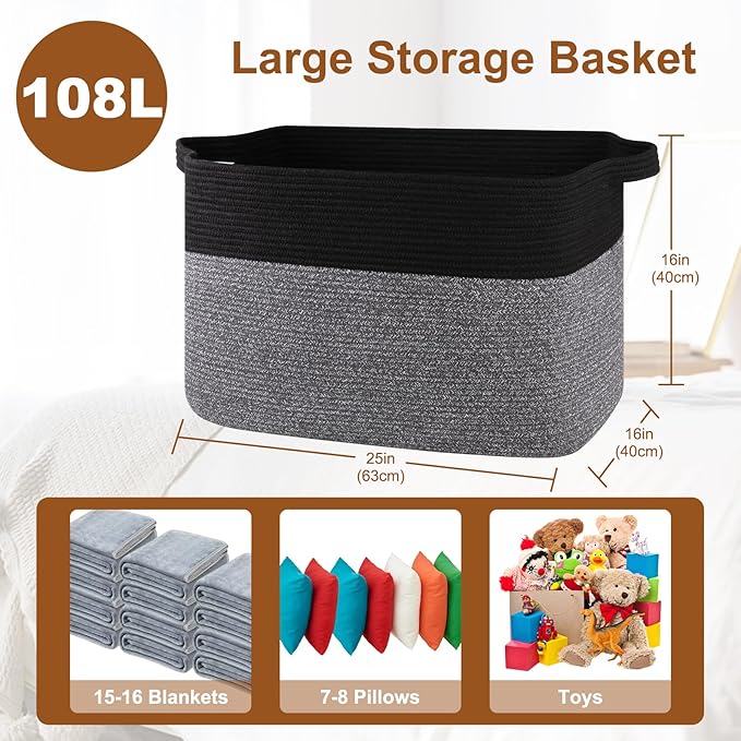 XXXL Supre Large Blanket Basket for Clothes, Towels, Pillows, 108L Cotton Rope Storage Basket for Living Room, Supre Large Woven Toy Storage for Kids, 25" x 16" x 16", Black