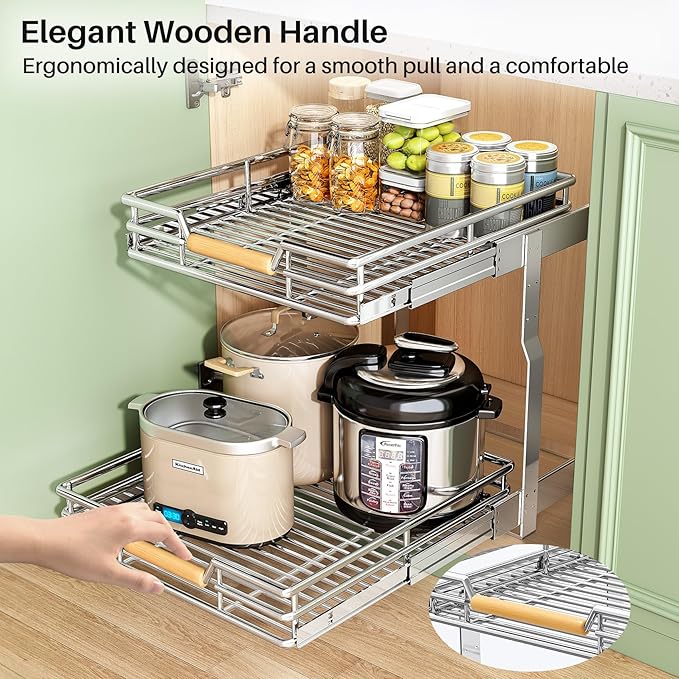 Pull out Cabinet Organizer, 2 Tiers 15"W X 21"D, Heavy Duty Smooth Sliding Under Cabinet Shelves for Pots and Pans, Full-Extension Roll out Drawers, Slide out Organization for Home Kitchen Pantry
