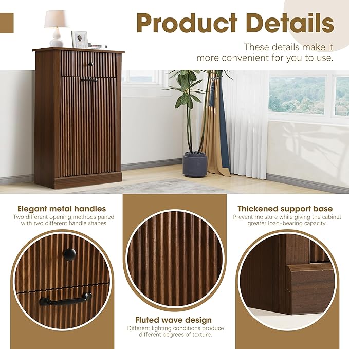 Grepatio Tilt Out Fluted Laundry Hamper Cabinet, 11 Gallon Hidden Laundry Hamper, Wooden Trash Can Cabinets with Drawer, Modern Garbage Can Cabinet for Bathroom, Kitchen, Living Room (Brown, Single)