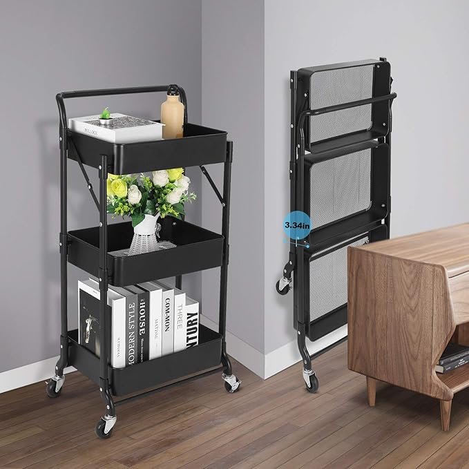 Foldable 3 Tier Metal Utility Rolling Cart, Folding Mobile Multi-Function Storage Trolley Organizer Cart for Home Library Office(Black)