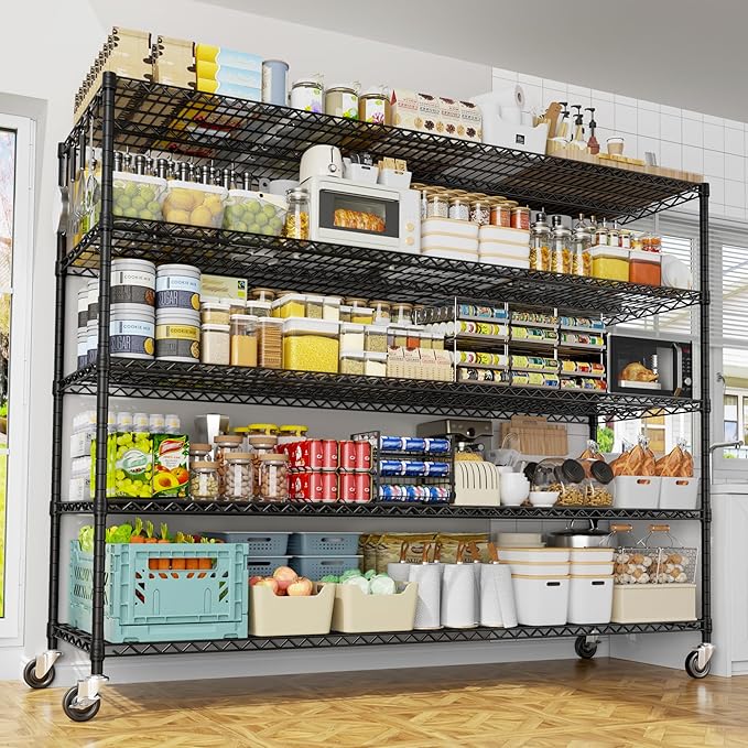 PrimeZone 5 Tier 80.7" Hx55.5 Wx24 D Wire Shelving with Wheels 3000lbs NSF Certified Storage Shelves Heavy Duty Metal Shelf Adjustable Rolling Rack Commercial Garage Restaurant Warehouse Kitchen 4Pcs