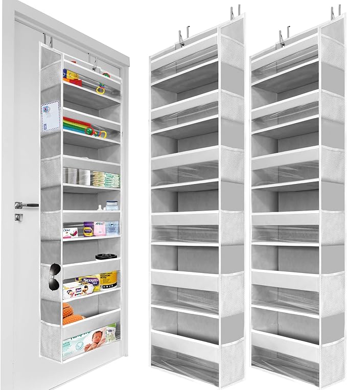 HOMELUX THEORY Over The Door Organizer Hanging - 50lbs Load 6 Large Front & 12 Side Pockets, 2 Pack Over The Door Shoe Organizer, Hanging Closet Organizer For Toys, Diaper, Purse, Sewing (Light Gray)