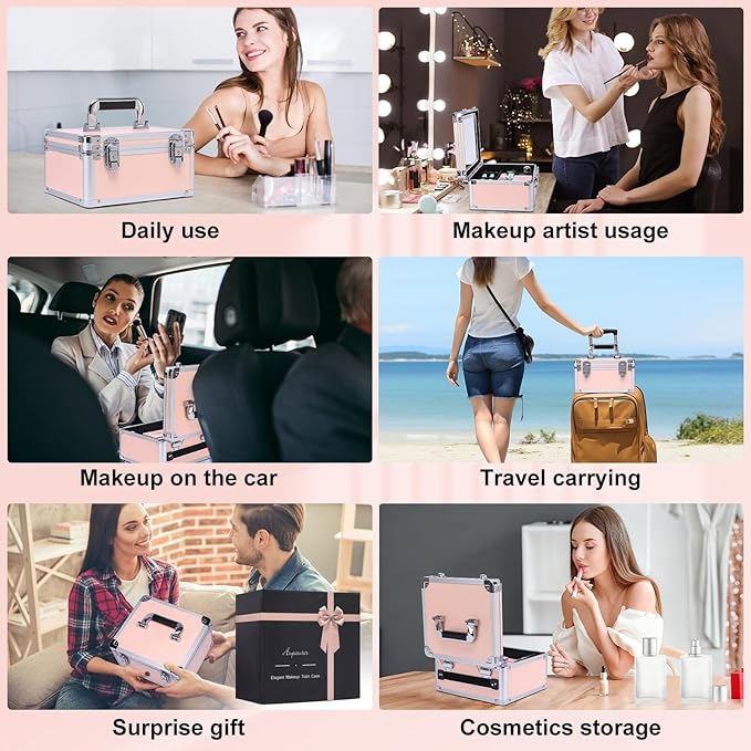 Makeup Box with Led Mirror,Travel Train Hard Case with Rechargeable Lighted Mirror Adjustable Dividers,Cosmetic Organizer Storage Bag for Makeup Artists,Appropriate Gift for Women and Girls,Pink